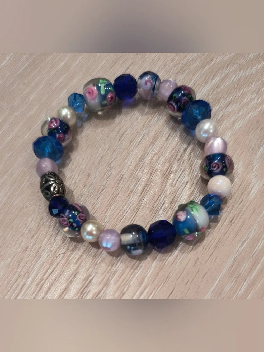Handcrafted Blue Floral Glass Bead Bracelet